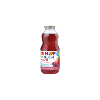 HiPP Bio Frucht + Eisen Saftflasche Rote Traube in Apfel für Babys ab 6. Monat vor schwarzem Hintergrund