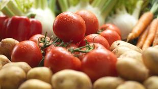 Eine Vielzahl von frischem Gemüse, darunter Tomaten, Kartoffeln, Karotten und Paprika, mit Wassertropfen darauf.