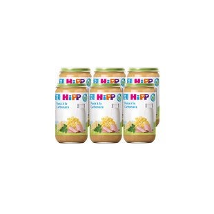 Sechs Gläschen HiPP Bio Pasta à la Carbonara, je 250 g, ab dem 12. Monat