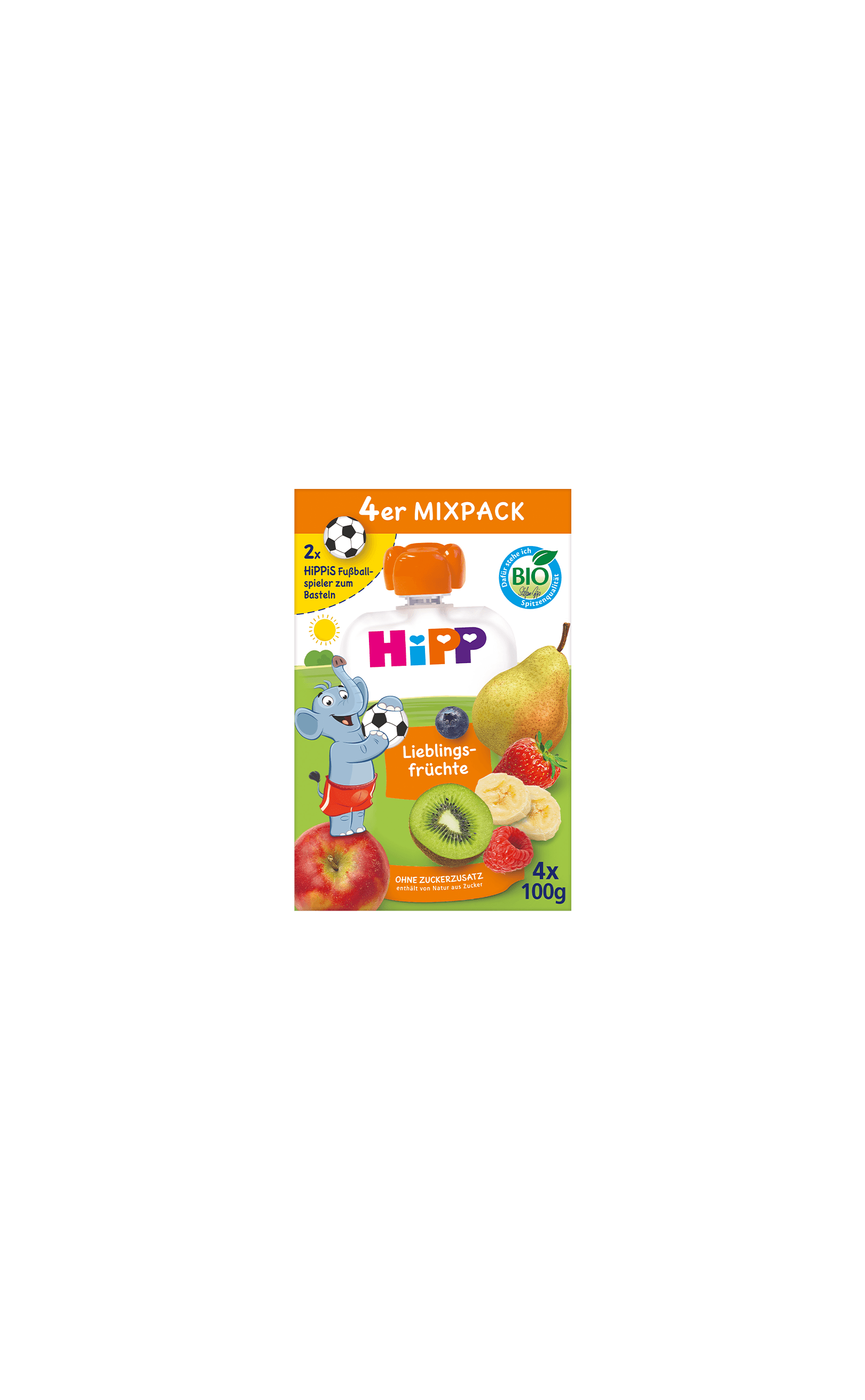 HiPPiS Mixpack Lieblingsfrüchte Quetschbeutel, 4x100g, Bio-Obstmix ohne Zuckerzusatz mit Apfel, Birne, Kiwi, Erdbeere und Banane