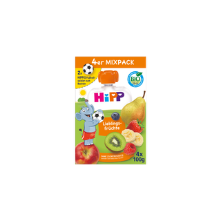 HiPPiS Mixpack Lieblingsfrüchte Quetschbeutel, 4x100g, Bio-Obstmix ohne Zuckerzusatz mit Apfel, Birne, Kiwi, Erdbeere und Banane