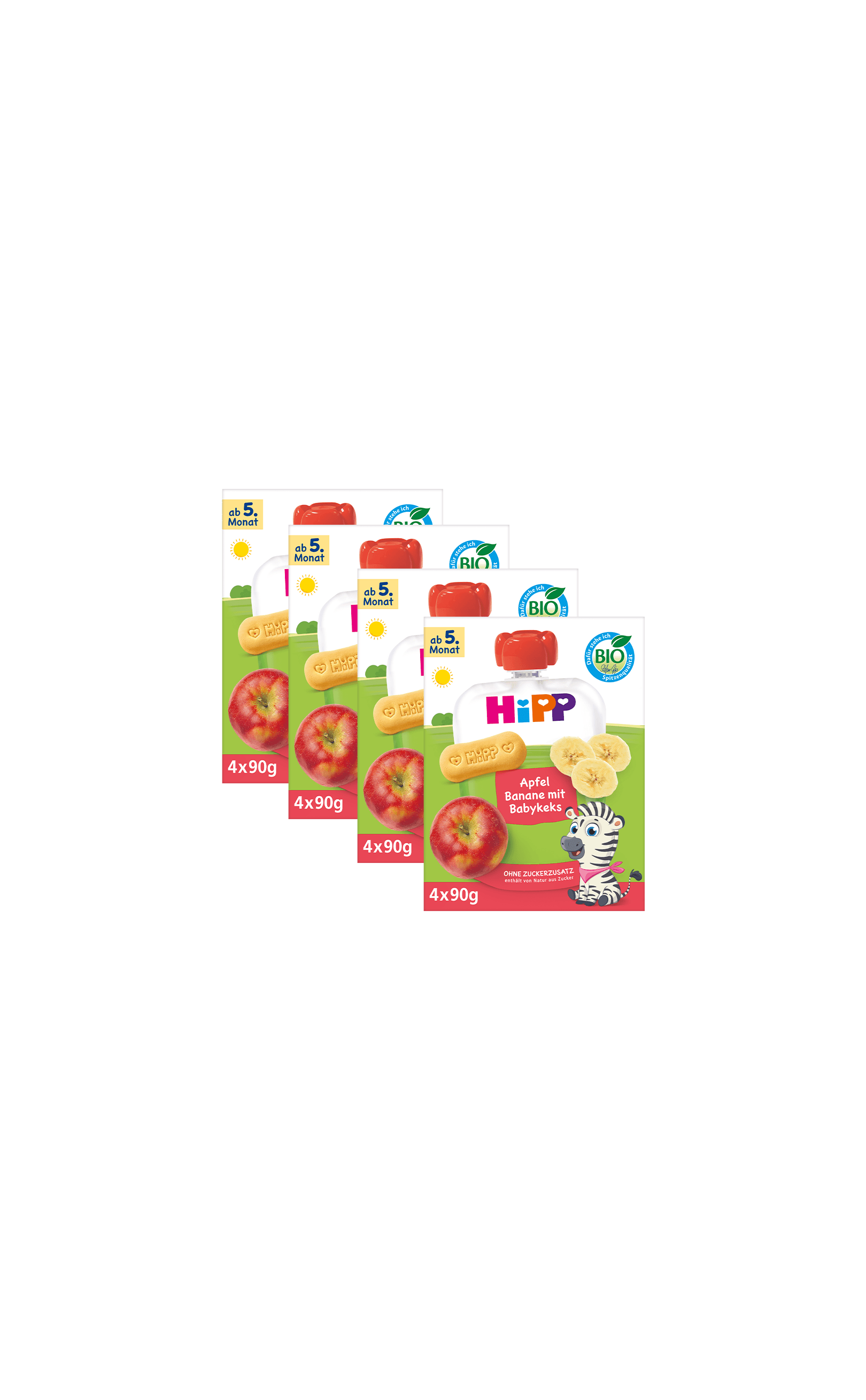 HiPP Bio Quetschbeutel Apfel-Banane mit Babykeks, 4er-Pack à 90g, Produktabbildung für Babys ab 5. Monat