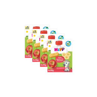 HiPP Bio Quetschbeutel Apfel-Banane mit Babykeks, 4er-Pack à 90g, Produktabbildung für Babys ab 5. Monat