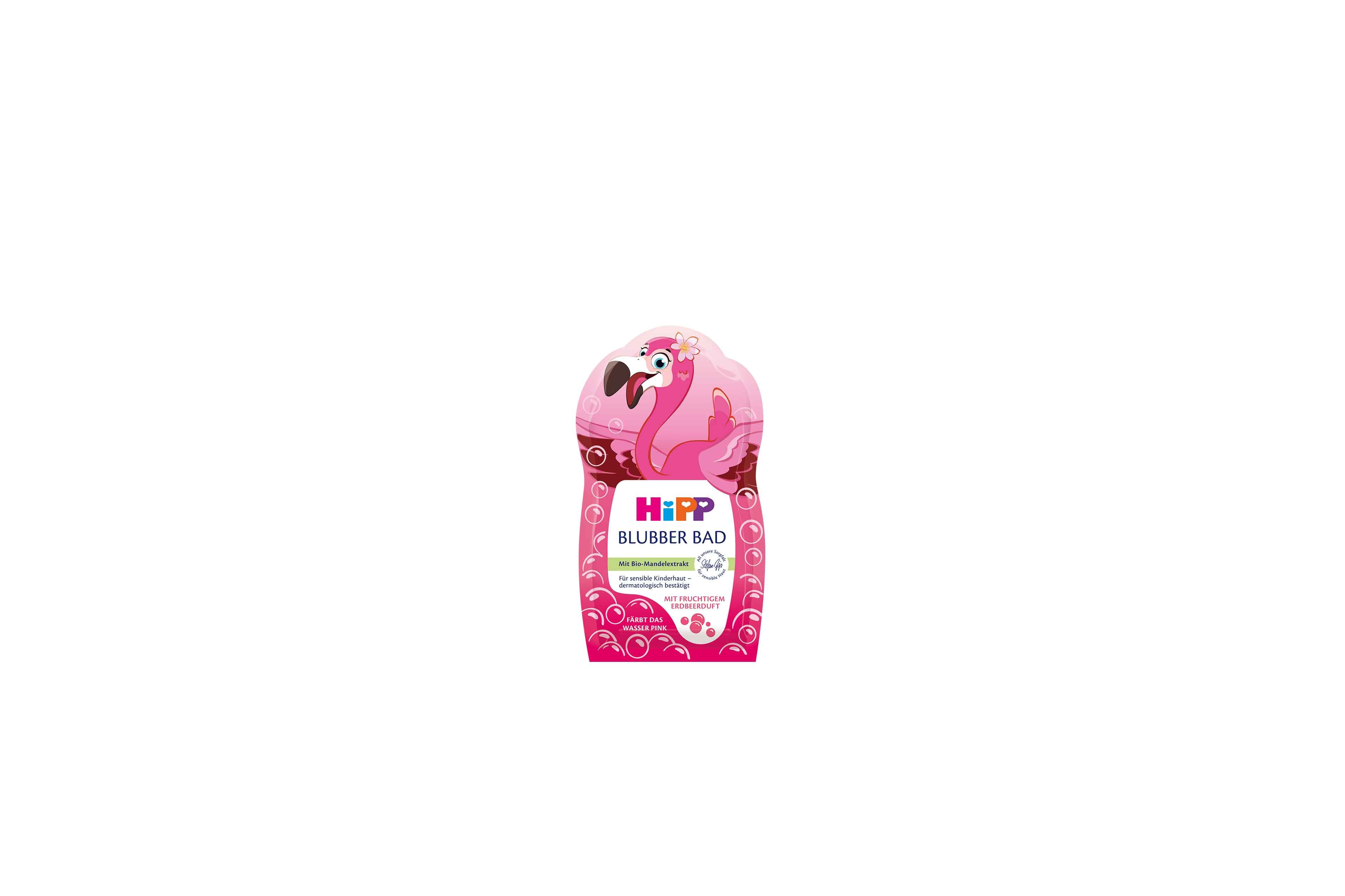 HiPP Blubber Bad Flamingo mit Bio-Mandelextrakt und Erdbeerduft in pinker 40-ml-Packung