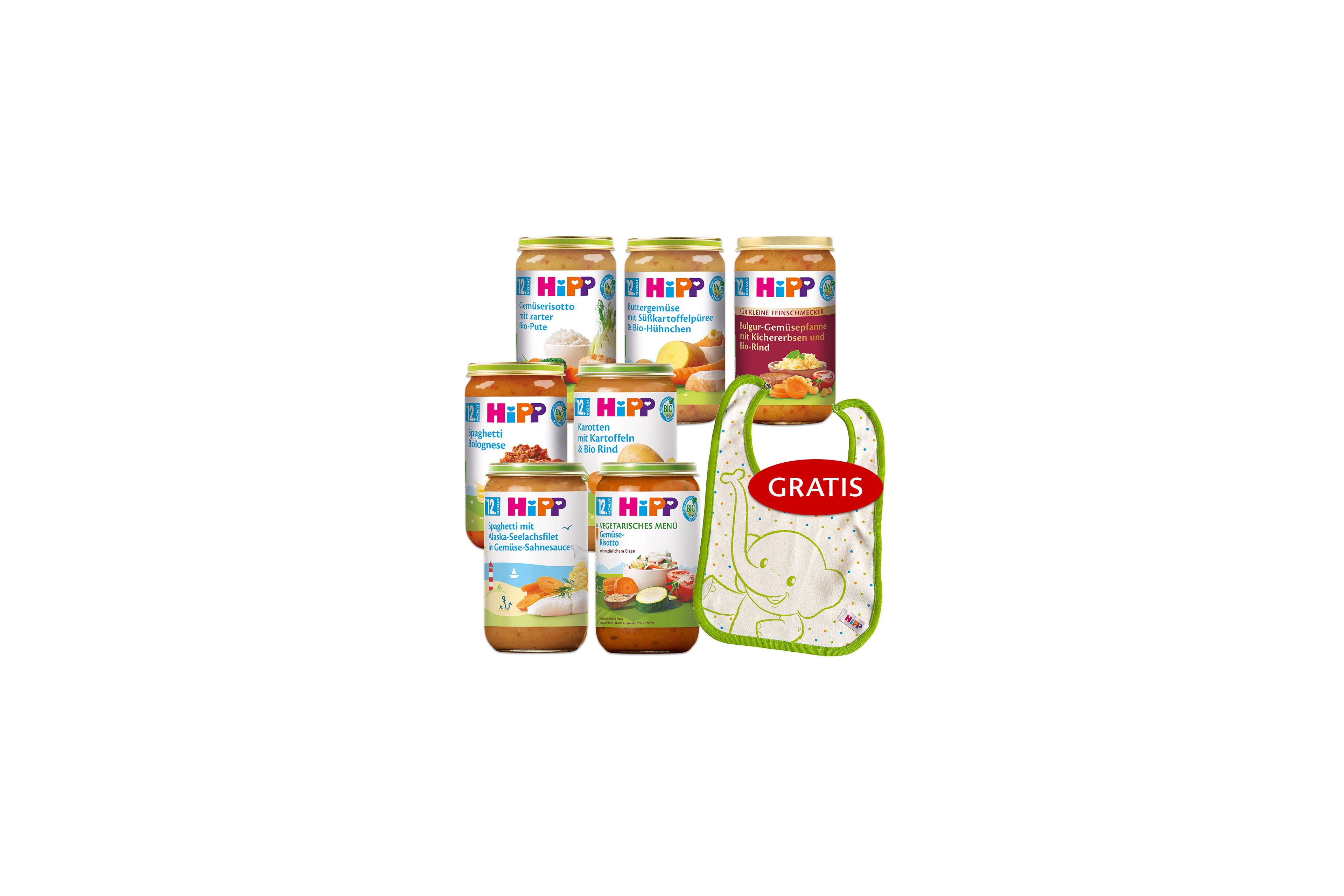 HiPP Beikost Wochenpaket Menüs ab dem 12. Monat mit mehreren Bio-Menügläschen und gratis Lätzchen