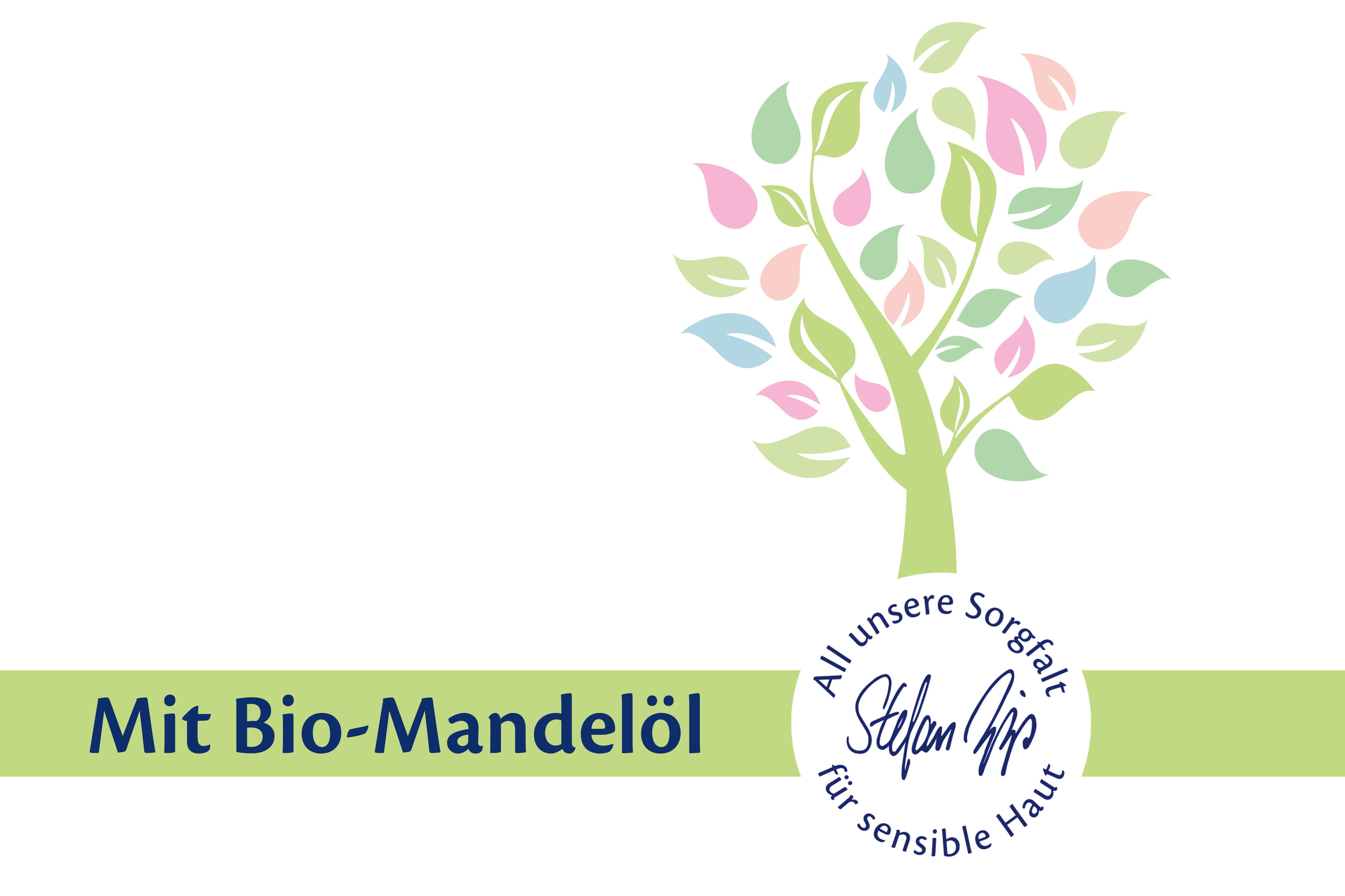 Ein Baum mit bunten Blättern, ein grünes Banner mit dem Text Mit Bio-Mandelöl und All unsere Sorgfalt für sensible Haut sowie ein rundes Abzeichen mit der Unterschrift Stefan Hipp.