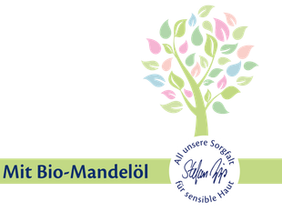 Ein Baum mit bunten Blättern, ein grünes Banner mit dem Text Mit Bio-Mandelöl und All unsere Sorgfalt für sensible Haut sowie ein rundes Abzeichen mit der Unterschrift Stefan Hipp.