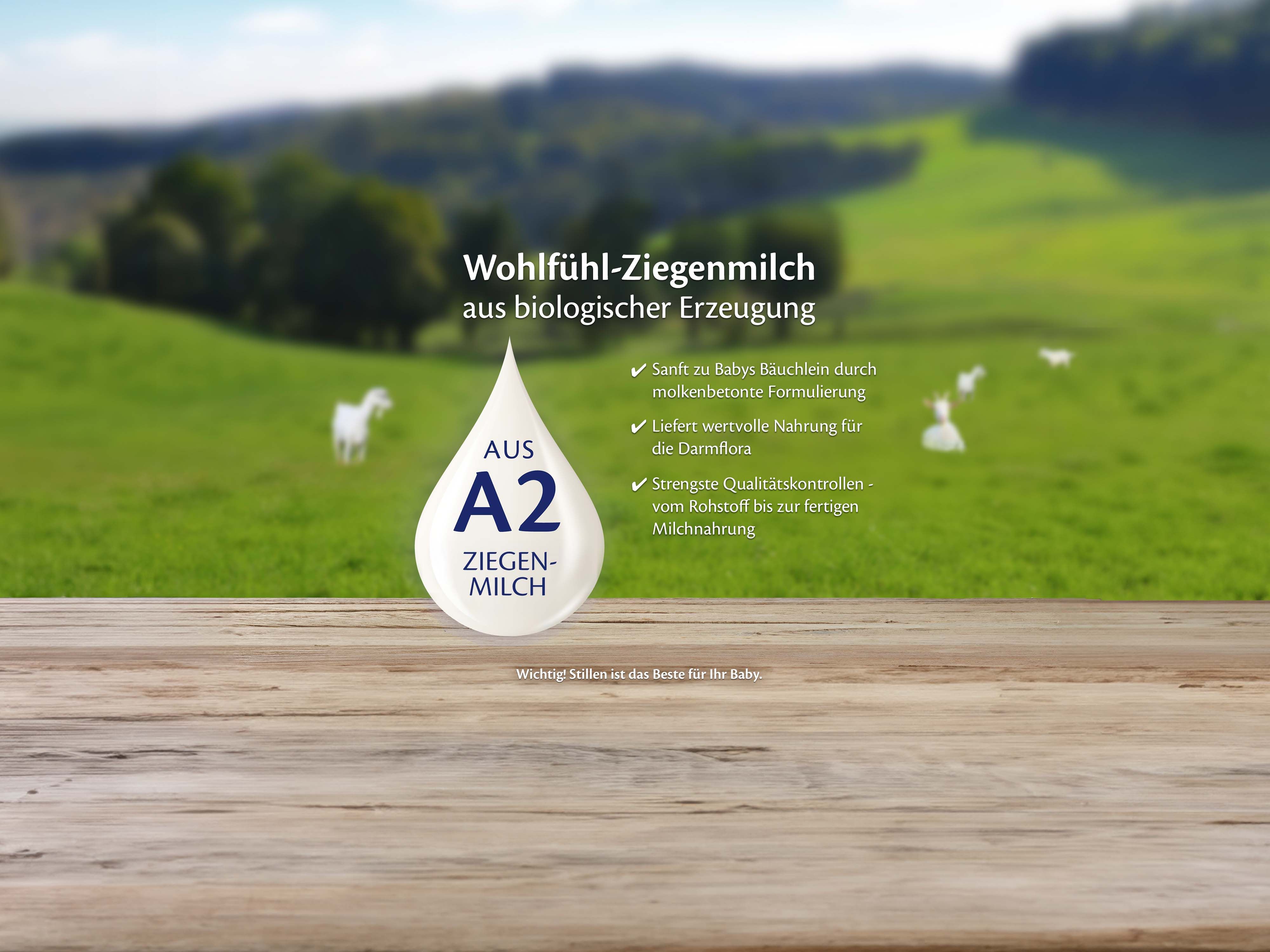 Landschaft mit grünen Hügeln und Ziegen auf einer Wiese, davor ein Holztisch und ein Tropfen mit Text zu A2 Wohlfühl-Ziegenmilch