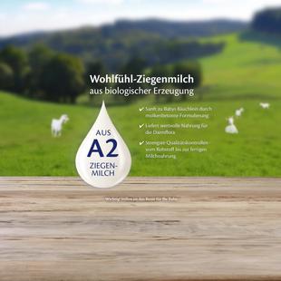 Landschaft mit grünen Hügeln und Ziegen auf einer Wiese, davor ein Holztisch und ein Tropfen mit Text zu A2 Wohlfühl-Ziegenmilch