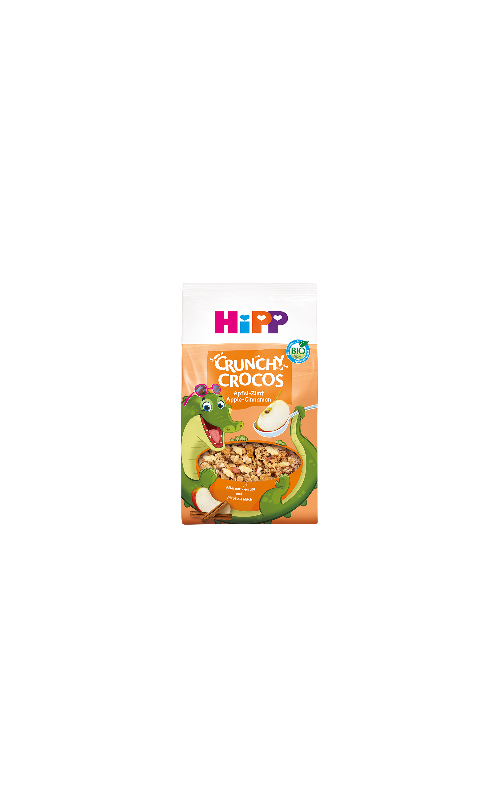 HiPP Crunchy Crocos Apfel-Zimt Bio-Kinder-Müsli mit fröhlichem Krokodil-Maskottchen auf orangefarbener Verpackung