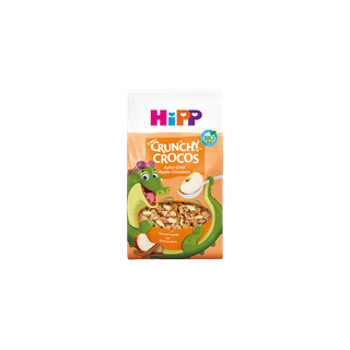 HiPP Crunchy Crocos Apfel-Zimt Bio-Kinder-Müsli mit fröhlichem Krokodil-Maskottchen auf orangefarbener Verpackung