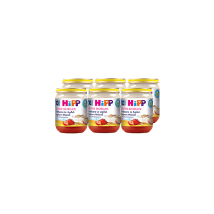 Sechserpack HiPP Guten Morgen Erdbeere in Apfel-Joghurt-Müsli Gläschen, 6×160g, vor schwarzem Hintergrund angeordnet