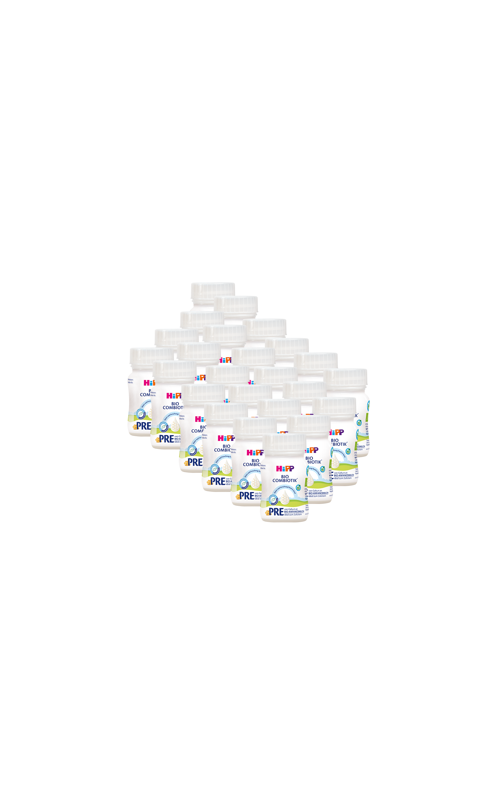 24er-Pack HiPP Bio Combiotik PRE Anfangsmilch, 90-ml-Fläschchen für unterwegs auf schwarzem Hintergrund angeordnet