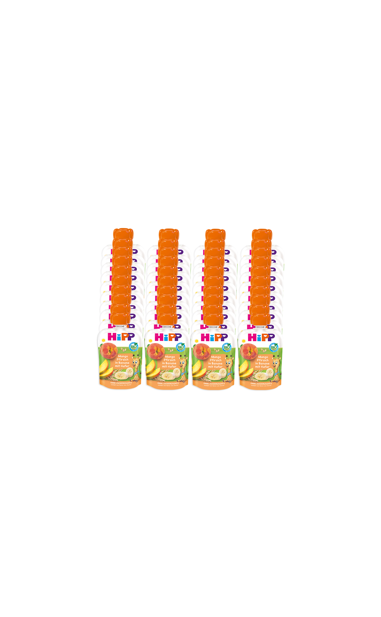40er-Pack HiPP Quetschbeutel Mango in Banane mit Hafer, Bio-Obstsnack für Babys, frontal vor schwarzem Hintergrund