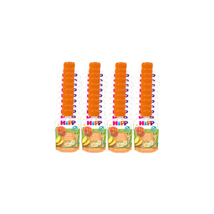 40er-Pack HiPP Quetschbeutel Mango in Banane mit Hafer, Bio-Obstsnack für Babys, frontal vor schwarzem Hintergrund