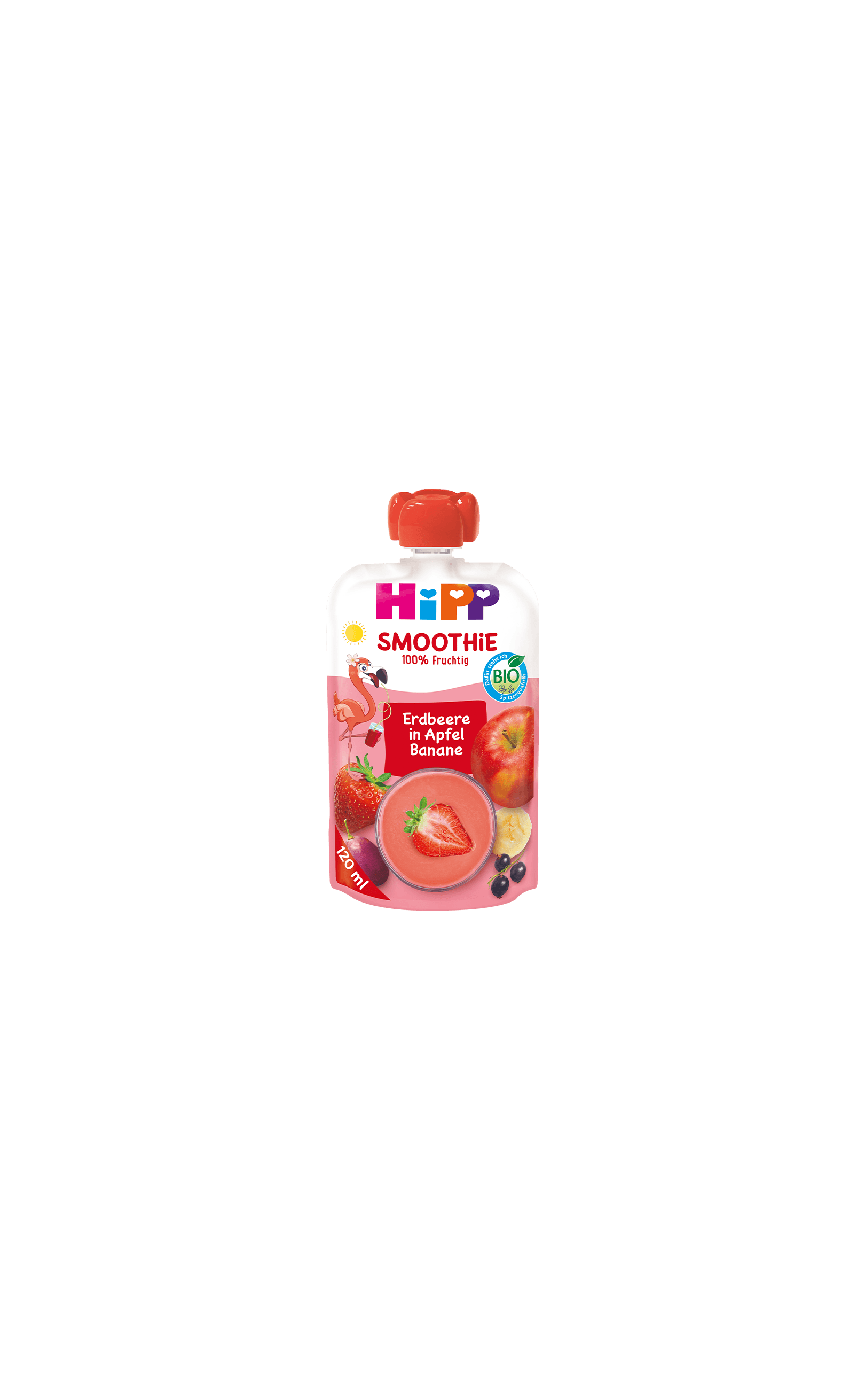 HiPP Bio Smoothie Quetschbeutel Erdbeere in Apfel-Banane, 120 ml, auf weißem Hintergrund