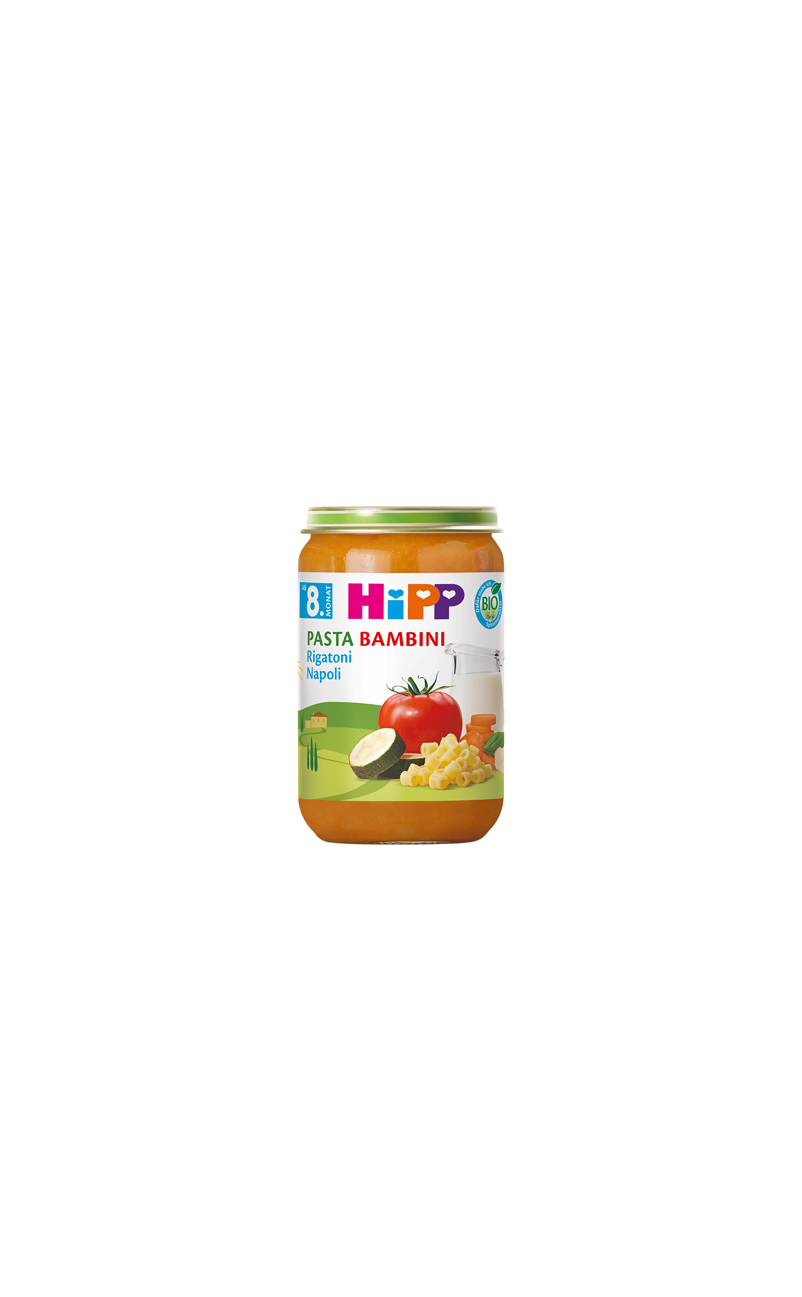 HiPP Bio Pasta Bambini Rigatoni Napoli ab 8. Monat im Glas mit Gemüse- und Pasta-Motiv auf weißem Hintergrund