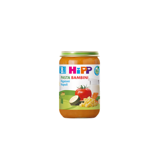 HiPP Bio Pasta Bambini Rigatoni Napoli ab 8. Monat im Glas mit Gemüse- und Pasta-Motiv auf weißem Hintergrund
