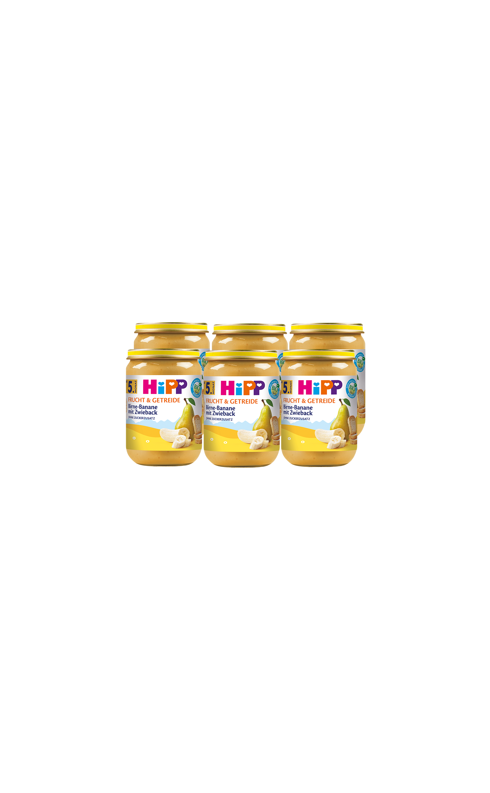 Sechserpack HiPP Bio Babygläschen Birne-Banane mit Zwieback, 6×190g, nebeneinander vor schwarzem Hintergrund