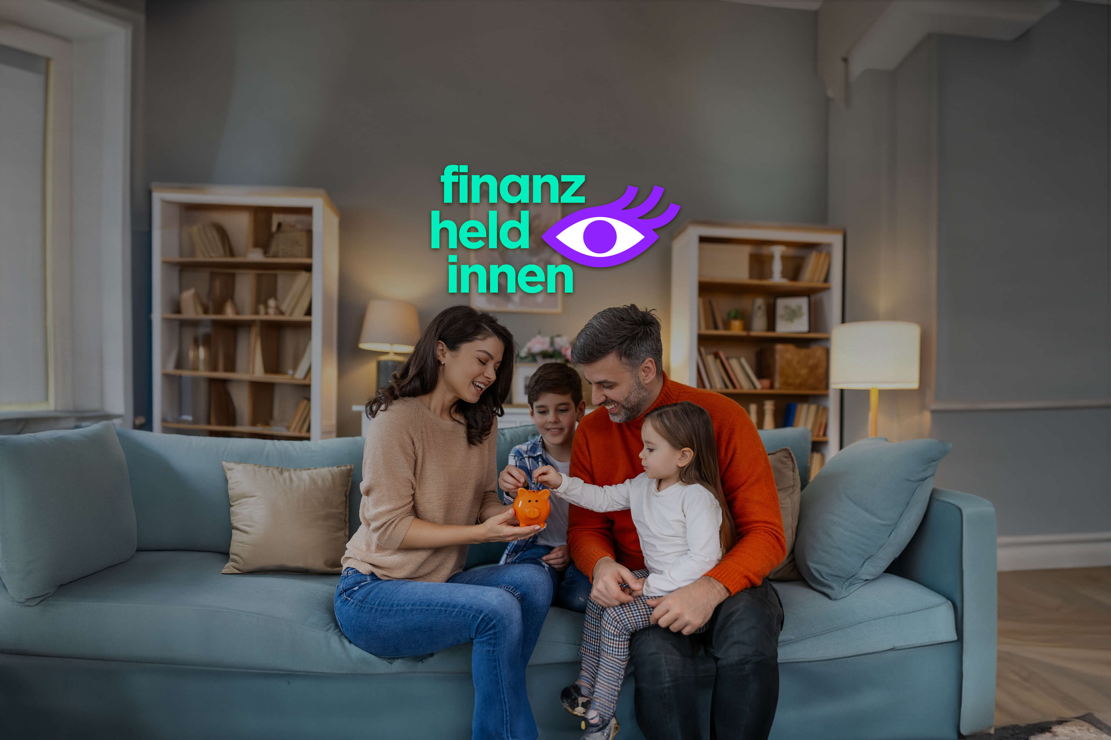 Eine Familie, bestehend aus einer Mutter, einem Vater und zwei Kindern, ging einer finanziellen Tätigkeit nach, nämlich Geld in ein Sparschwein zu legen.