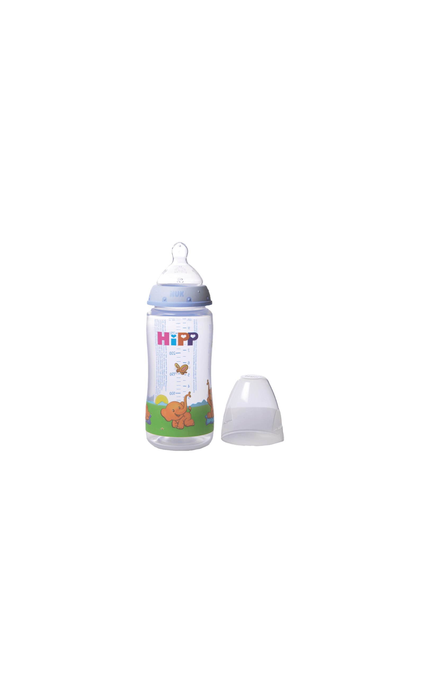 Kunststoff-Babyfläschchen mit HiPPofanten-Tiermotiv und Messskala, daneben abgenommene transparente Schutzkappe