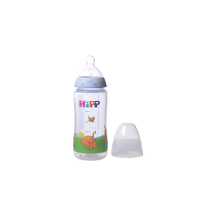 Kunststoff-Babyfläschchen mit HiPPofanten-Tiermotiv und Messskala, daneben abgenommene transparente Schutzkappe