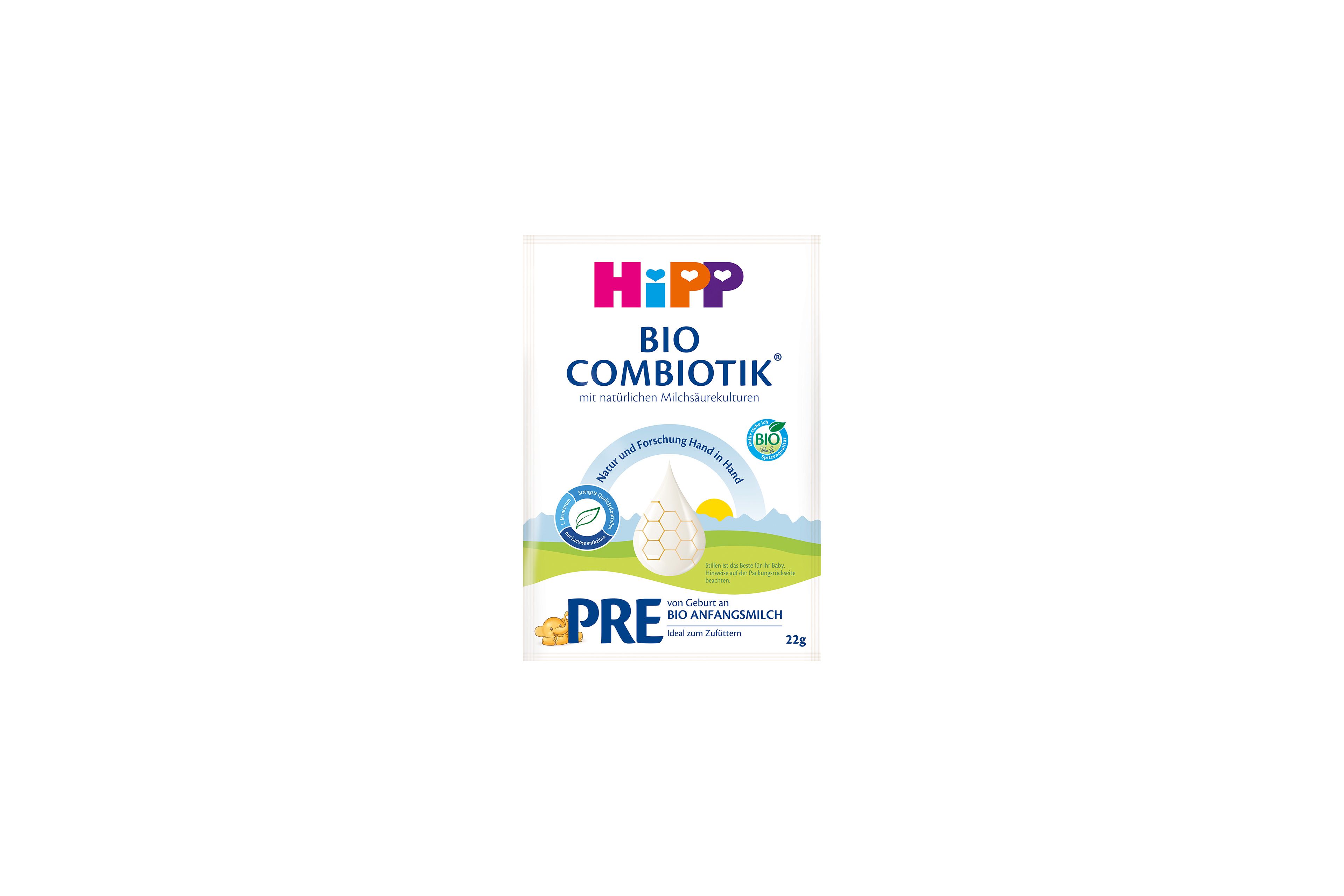 HiPP Pre Bio Combiotik Portionsbeutel mit Bio-Anfangsmilch, Frontansicht des einzelnen Portionsbeutels auf weißem Hintergrund