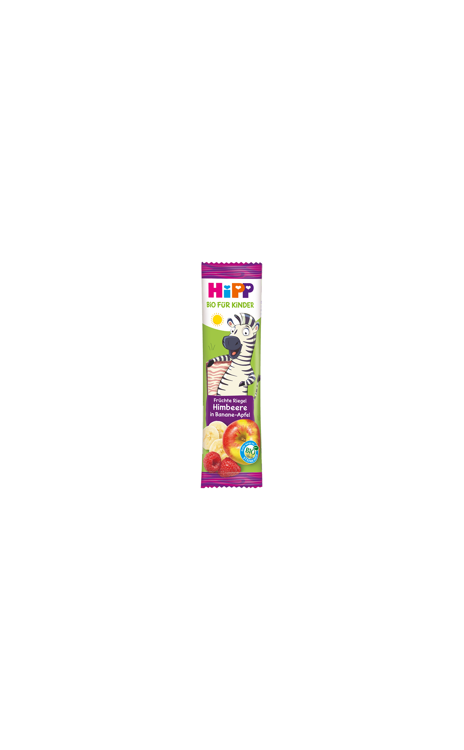 HiPP Zebra Früchte Riegel Himbeere in Banane-Apfel in bunter Kinderverpackung mit Zebra-Illustration und Bio-Siegel