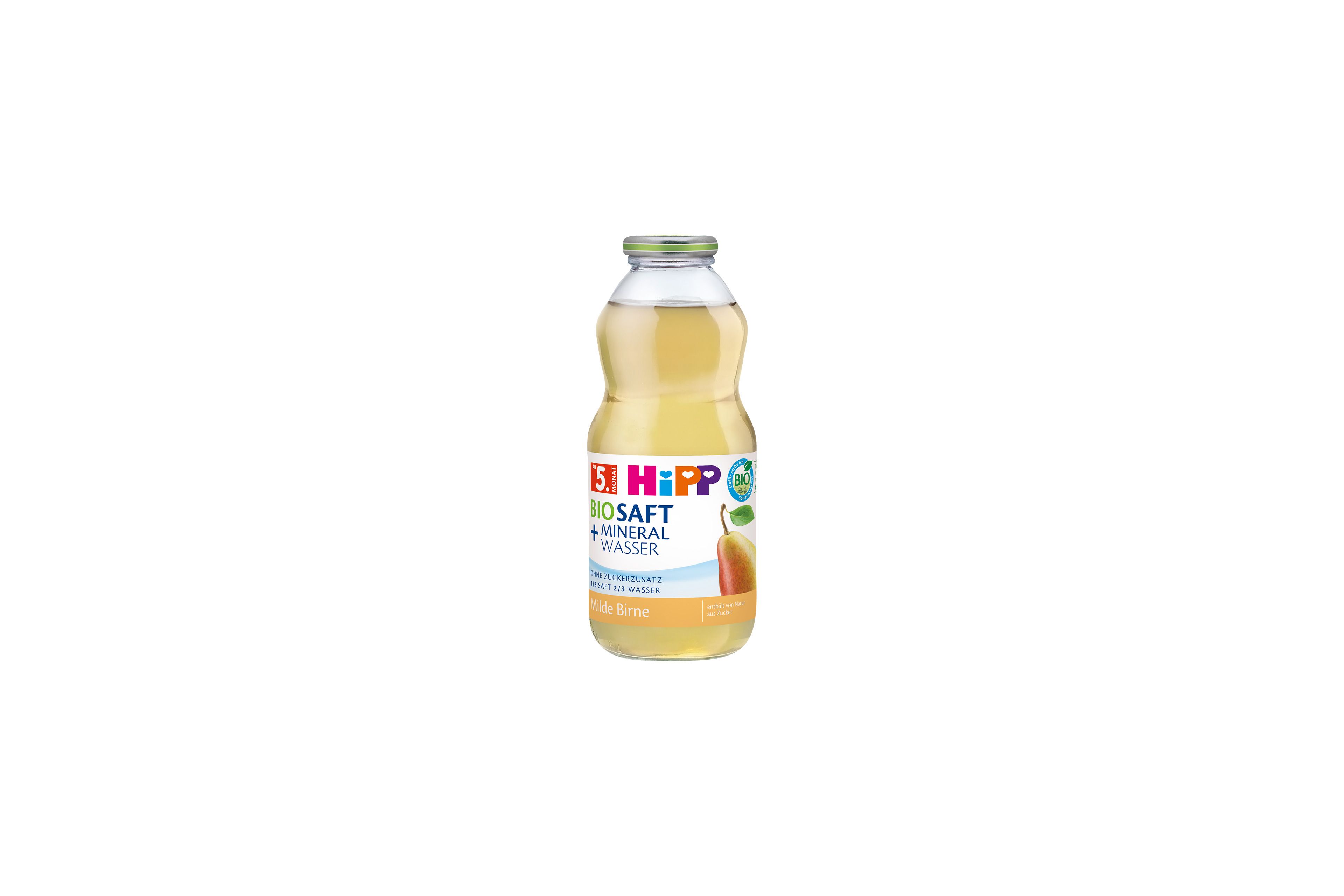 HiPP Bio-Saft & Mineralwasser Milde Birne in 0,5-l-Glasflasche mit Birnenmotiv auf weißem Hintergrund