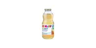 HiPP Bio-Saft & Mineralwasser Milde Birne in 0,5-l-Glasflasche mit Birnenmotiv auf weißem Hintergrund