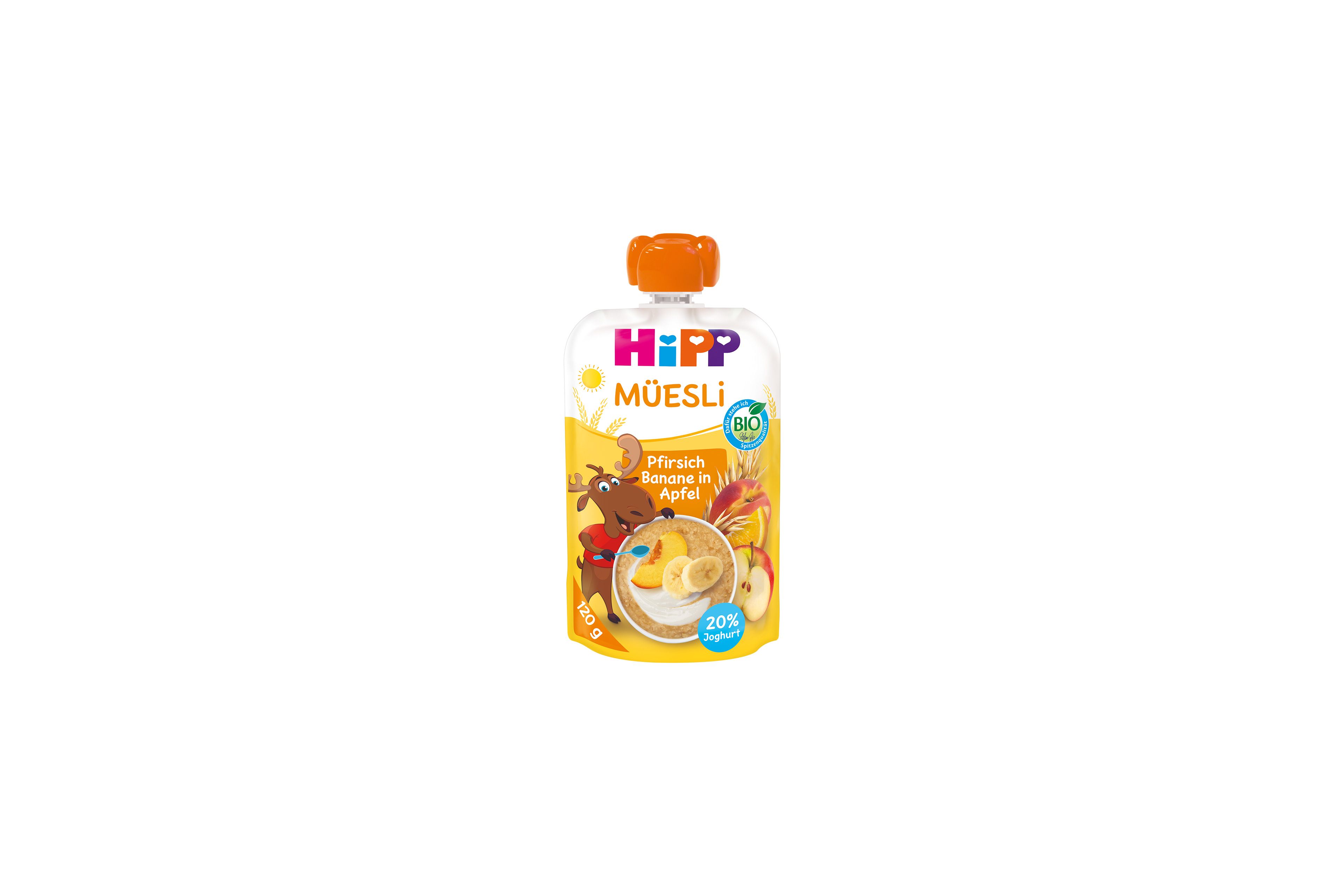 HiPP Müesli Quetschbeutel Pfirsich Banane in Apfel mit Joghurt, Bio-Frucht-Getreide-Snack ab 1 Jahr