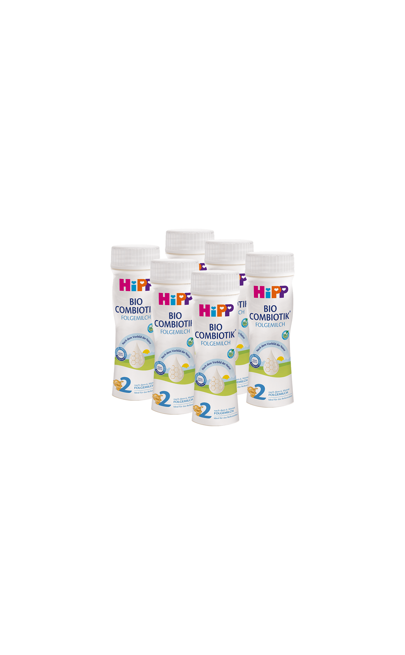 Sechserpack HiPP Bio Combiotik 2 Folgemilch à 200 ml, handliche Fläschchen für unterwegs auf schwarzem Hintergrund angeordnet
