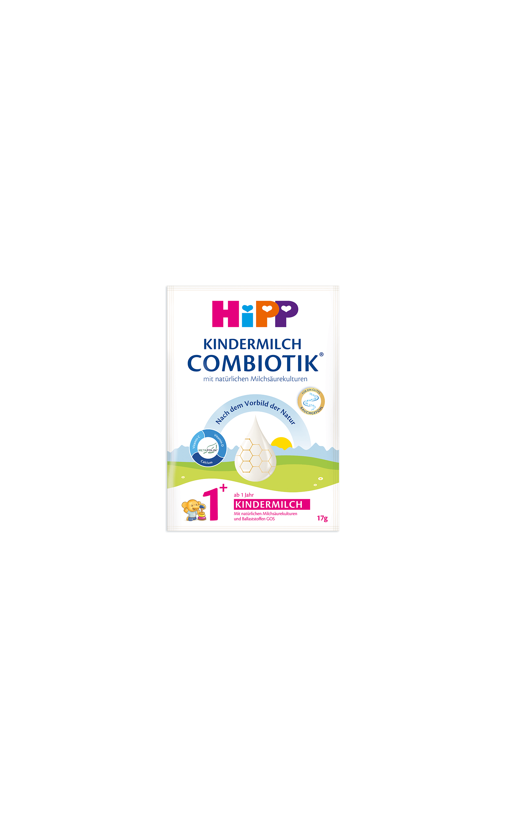 HiPP Kindermilch Combiotik 1+ Portionsbeutel mit Landschaftsgrafik und Bärchenmotiv auf weiß-grünem Verpackungsdesign