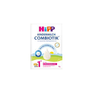 HiPP Kindermilch Combiotik 1+ Portionsbeutel mit Landschaftsgrafik und Bärchenmotiv auf weiß-grünem Verpackungsdesign