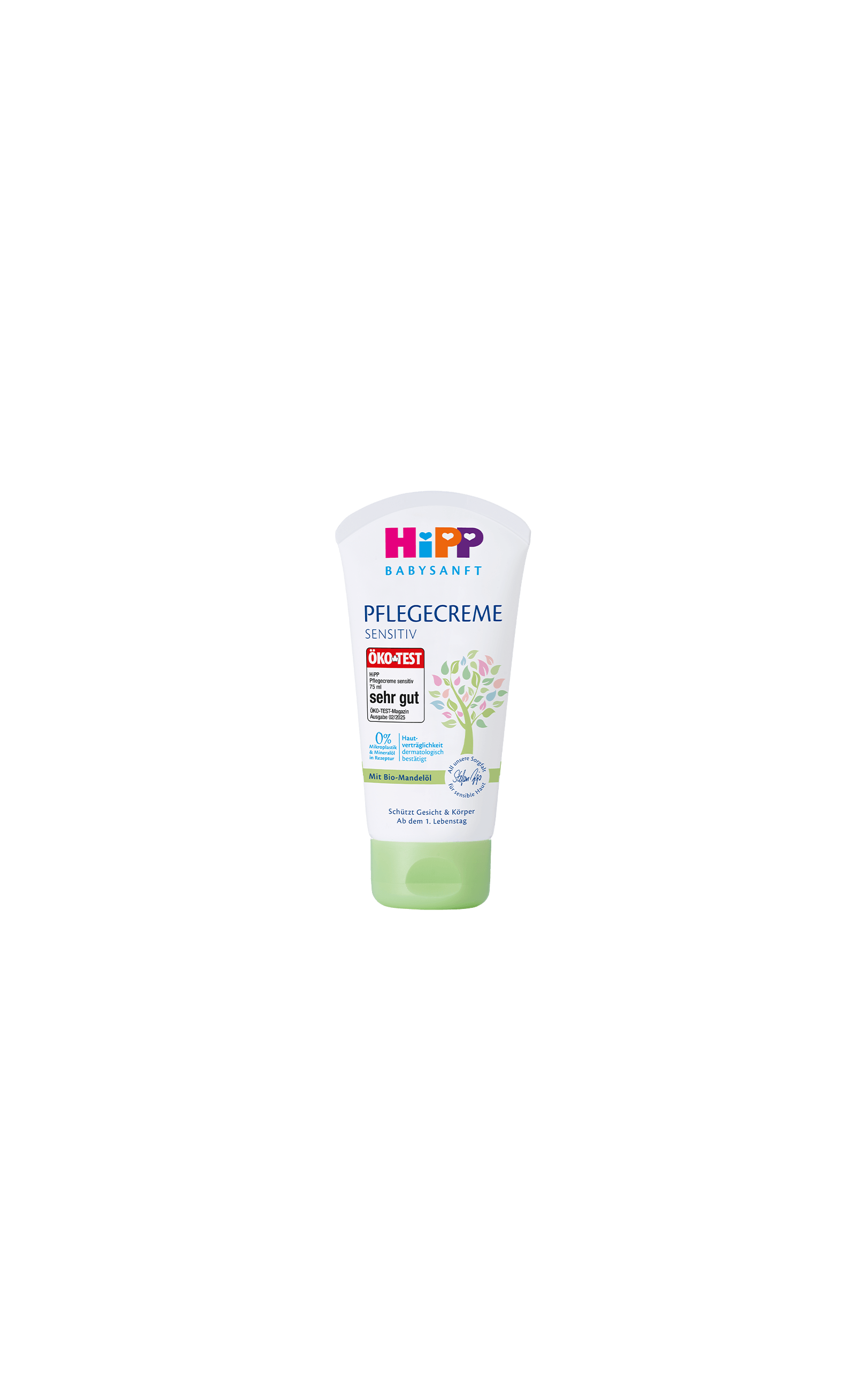 HiPP Babysanft Pflegecreme Sensitiv 75 ml Tube mit grünem Verschluss auf schwarzem Hintergrund, für zarte Babyhaut