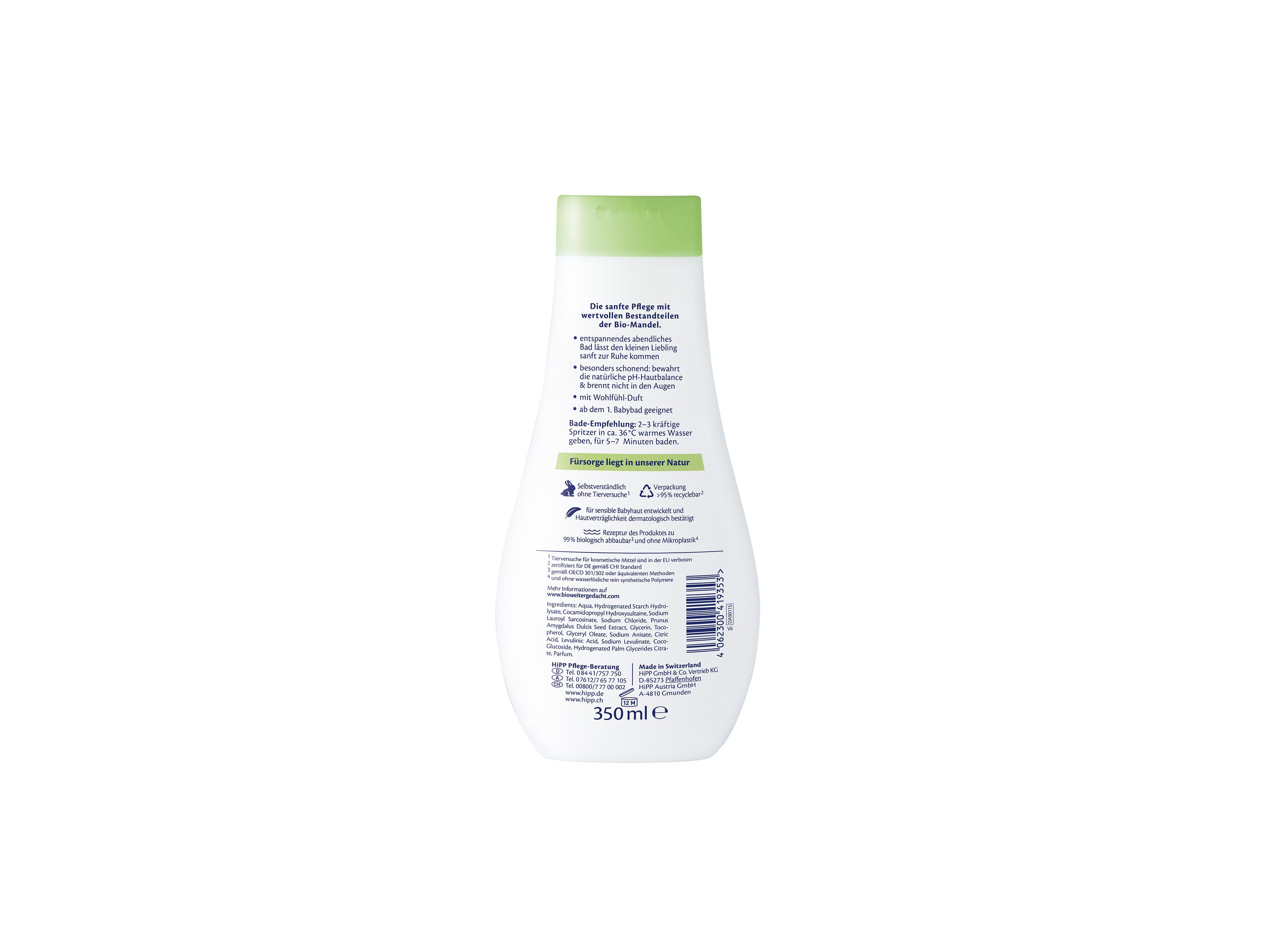 Rückseite einer weißen Plastikflasche mit grünem Deckel und schwarzem Text