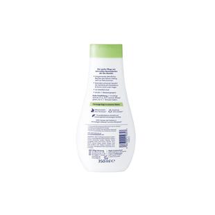 Rückseite einer weißen Plastikflasche mit grünem Deckel und schwarzem Text