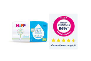 Verpackung von HiPP Soft & Pur Feuchttüchern neben einem Siegel mit 96 Prozent Weiterempfehlung und Gesamtbewertung 4,6 mit fünf Sternen, davon vier voll und ein halber Stern