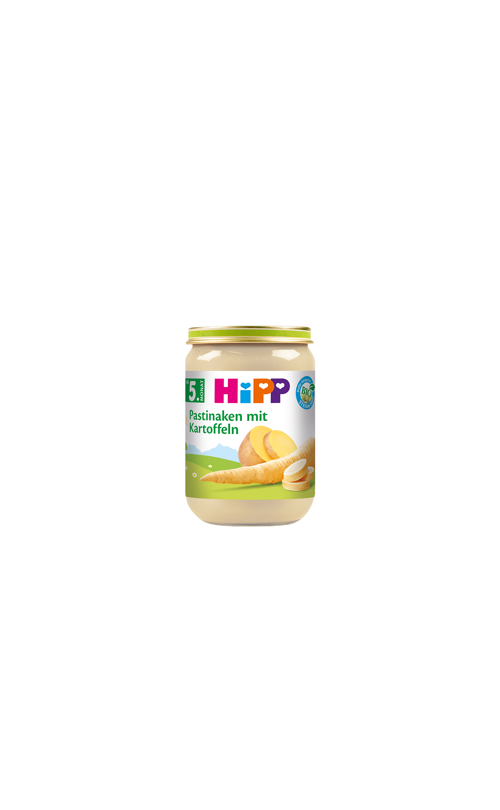 HiPP Bio-Gläschen „Pastinaken mit Kartoffeln“ ab dem 5. Monat auf weißem Hintergrund