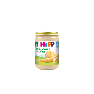 HiPP Bio-Gläschen „Pastinaken mit Kartoffeln“ ab dem 5. Monat auf weißem Hintergrund