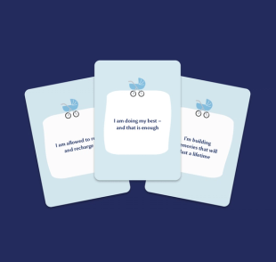 Three pastel blue affirmation cards for new parents with pram icons and calm, reassuring messages on a dark blue background