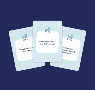 Three pastel blue affirmation cards for new parents with pram icons and calm, reassuring messages on a dark blue background