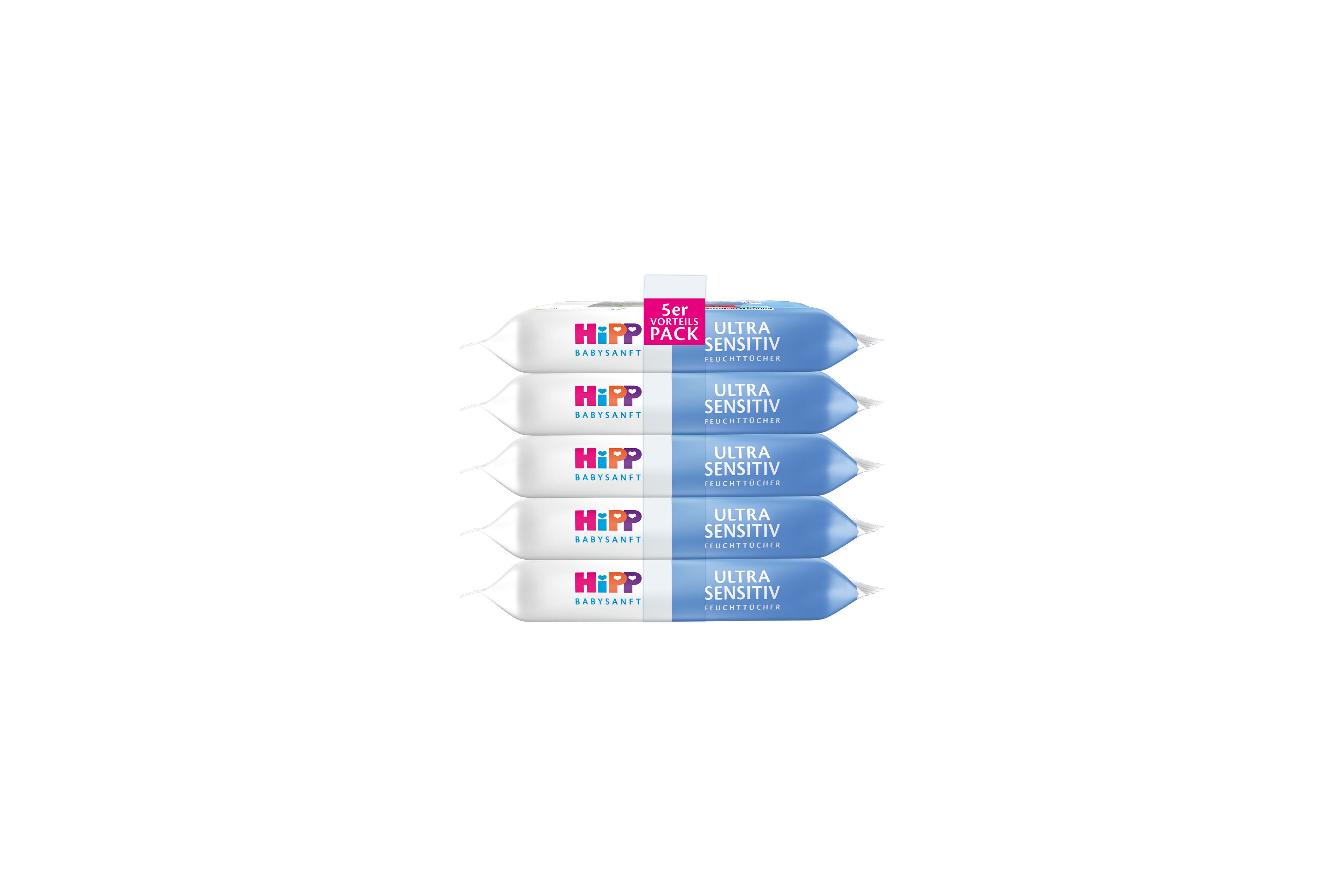 HiPP Ultra Sensitiv Feuchttücher im 5er Vorteilspack, weiße und blaue Babysanft-Verpackungen für sensible Babyhaut