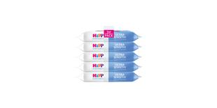 HiPP Ultra Sensitiv Feuchttücher im 5er Vorteilspack, weiße und blaue Babysanft-Verpackungen für sensible Babyhaut