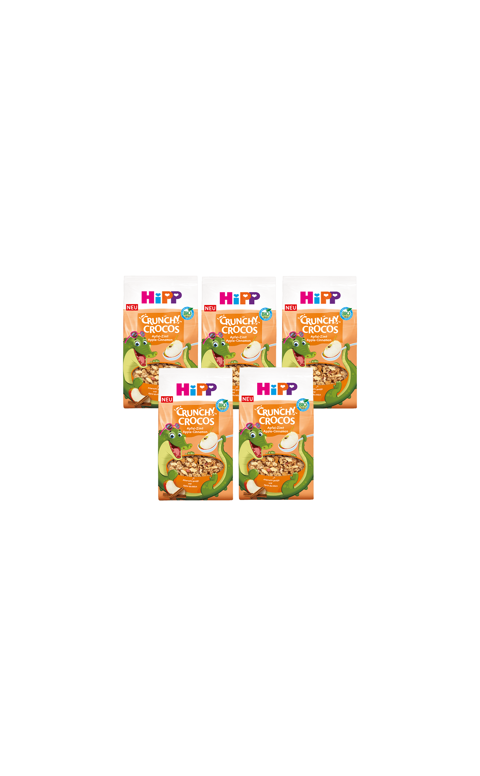 5er-Pack HiPP Crunchy Crocos Bio-Knuspermüsli Apfel-Zimt mit Krokodil-Motiv auf orangefarbener Verpackung