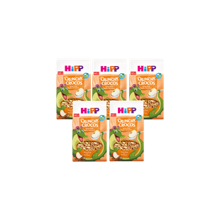5er-Pack HiPP Crunchy Crocos Bio-Knuspermüsli Apfel-Zimt mit Krokodil-Motiv auf orangefarbener Verpackung