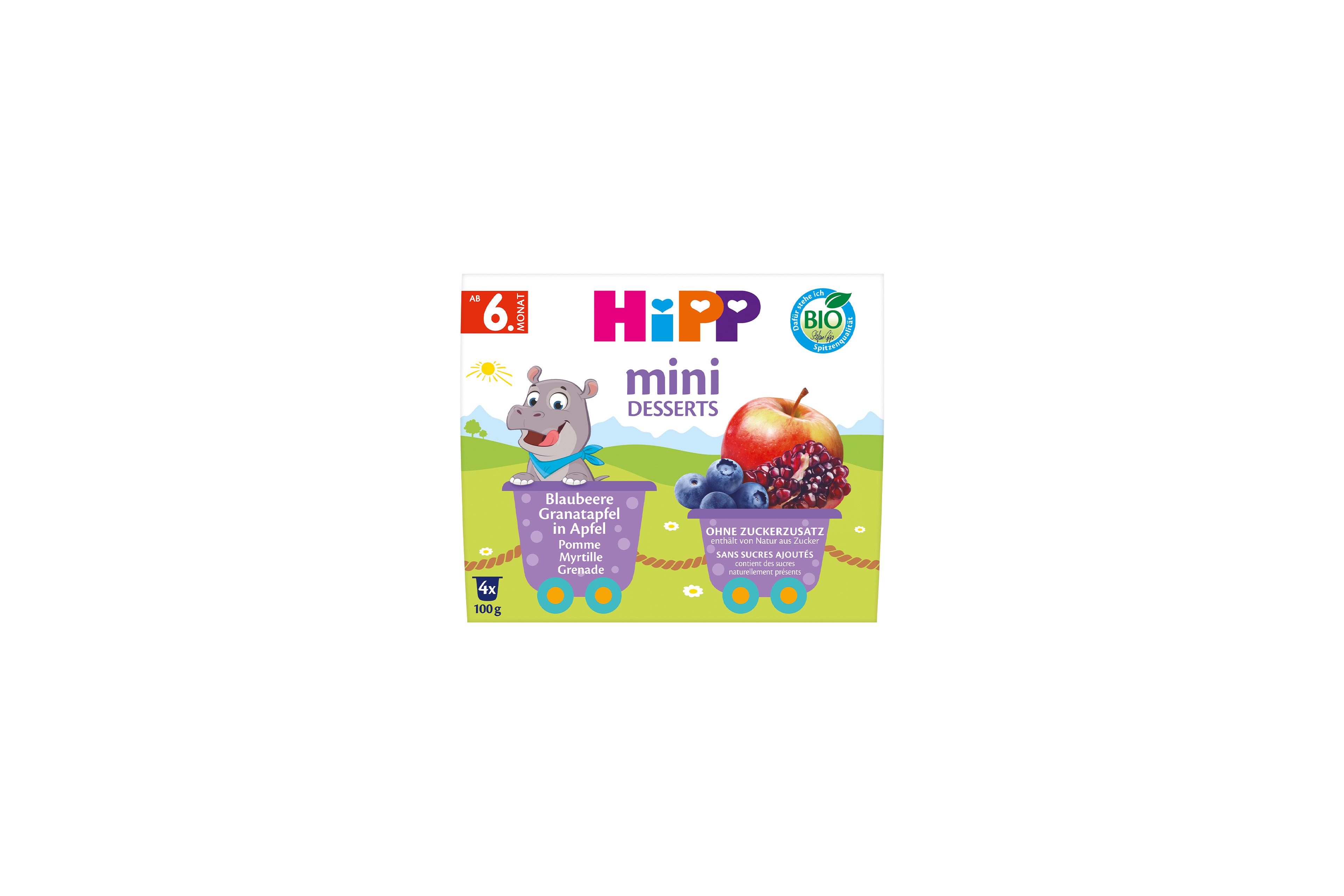 HiPP Mini Desserts Blaubeere Granatapfel in Apfel, Bio-Beikost ab 6. Monat ohne Zuckerzusatz, 4x100g Packung