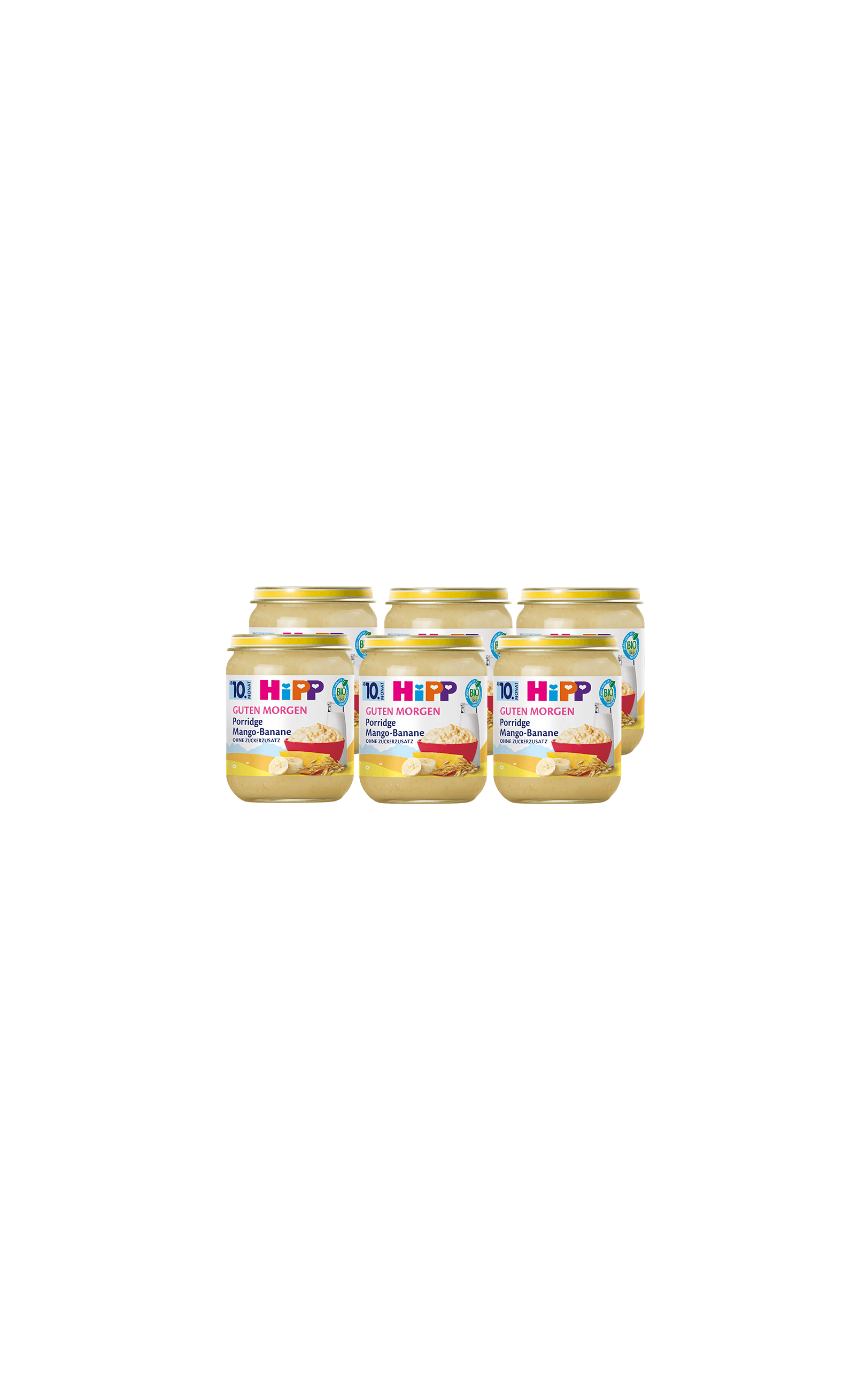 Sechserpack HiPP Guten Morgen Porridge Mango-Banane im 160g-Glas auf schwarzem Hintergrund