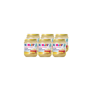 Sechserpack HiPP Guten Morgen Porridge Mango-Banane im 160g-Glas auf schwarzem Hintergrund