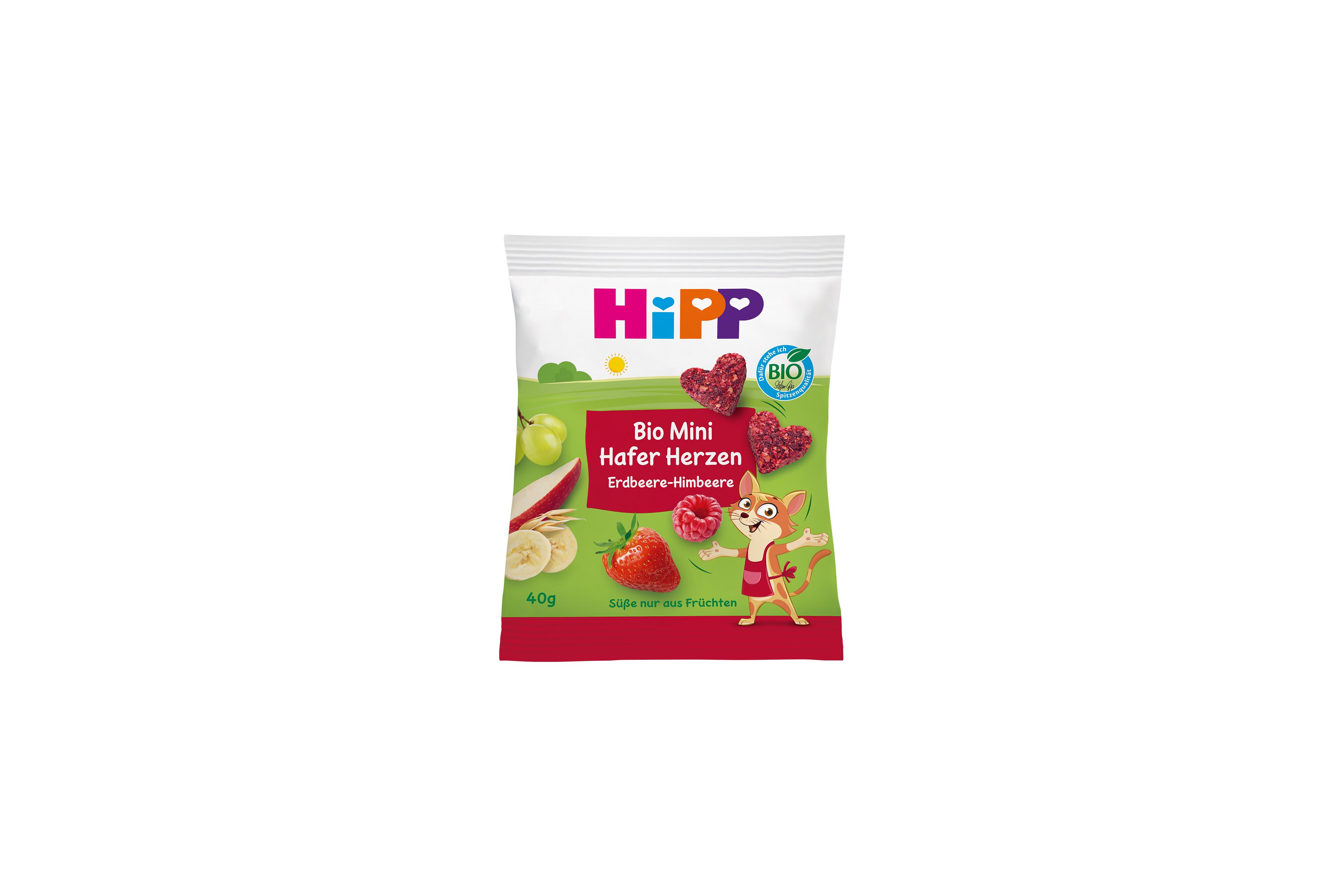 HiPP Bio Mini Hafer Herzen Erdbeere-Himbeere Snackpackung mit Herzriegeln und Obstmotiven auf grün-rotem Hintergrund